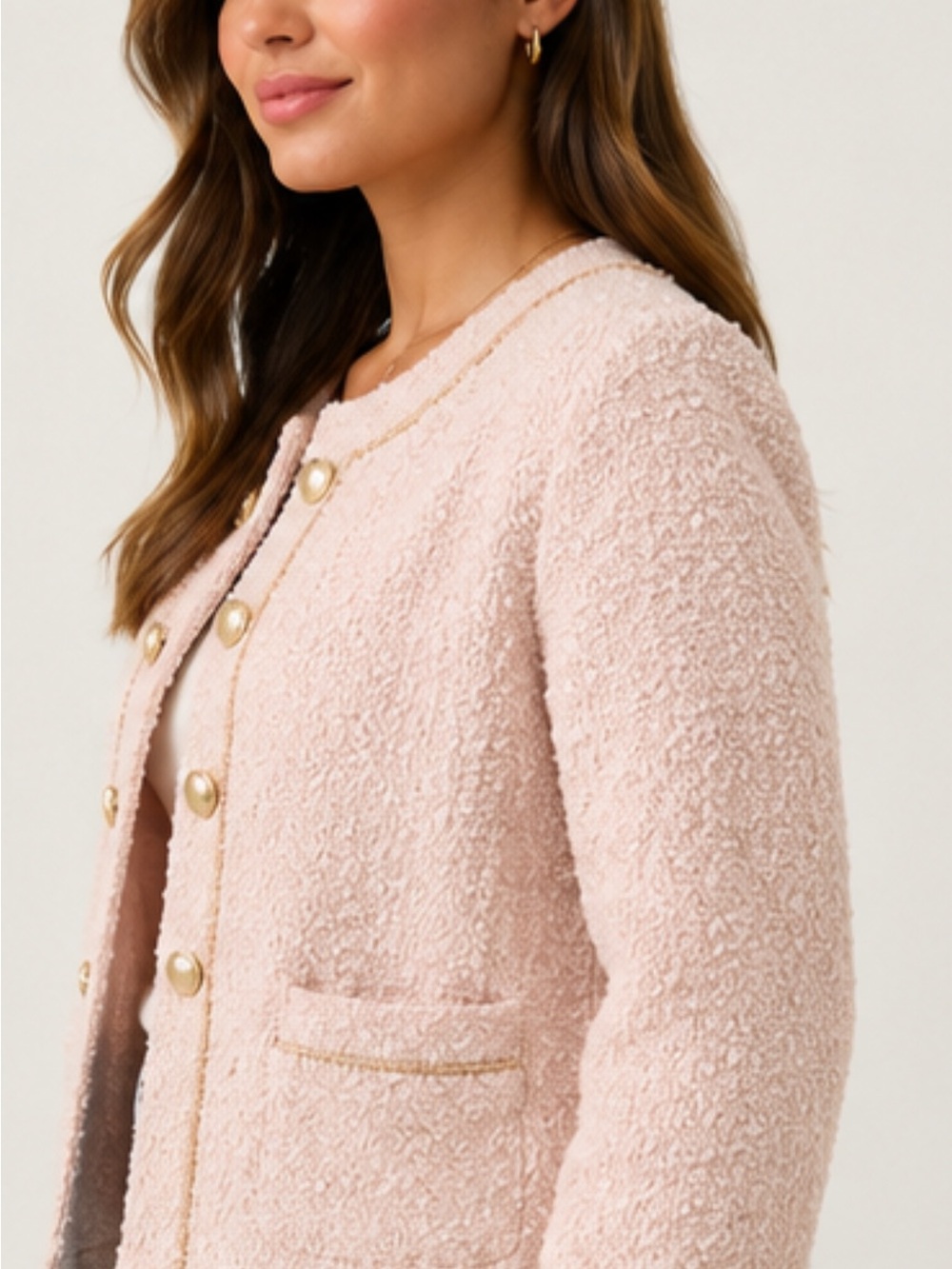 Express Pink Bouclé Collarless Gold Button Chain Trim Jacket XL NWT - Picture 3 of 16